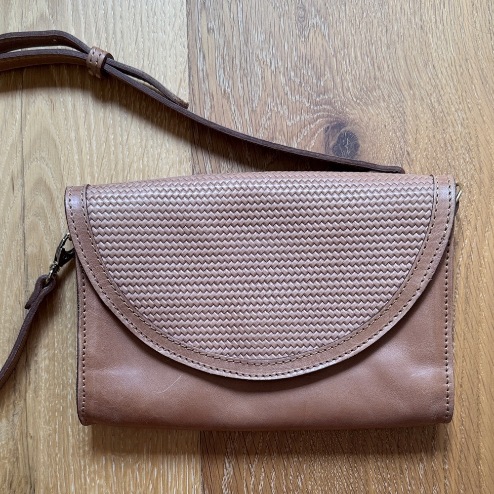 Nisolo Cleo Woven Flap Leather Crossbody convertible Bag in Tan/Brown